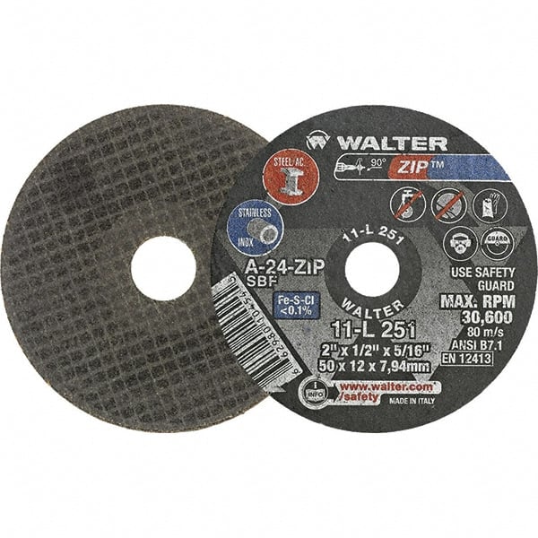 WALTER Surface Technologies - 2" 24 Grit Aluminum Oxide Cutoff Wheel - 1/2" Thick, 5/16" Arbor, 31,000 Max RPM, Use with Die Grinders - Exact Tooling