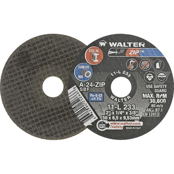 WALTER Surface Technologies - 2" 24 Grit Aluminum Oxide Cutoff Wheel - 1/4" Thick, 3/8" Arbor, 31,000 Max RPM, Use with Die Grinders - Exact Tooling