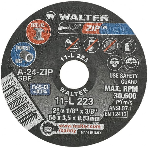 WALTER Surface Technologies - 2" 24 Grit Aluminum Oxide Cutoff Wheel - 1/8" Thick, 3/8" Arbor, 31,000 Max RPM, Use with Die Grinders - Exact Tooling