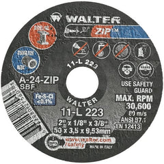 WALTER Surface Technologies - 2" 24 Grit Aluminum Oxide Cutoff Wheel - 1/8" Thick, 3/8" Arbor, 31,000 Max RPM, Use with Die Grinders - Exact Tooling