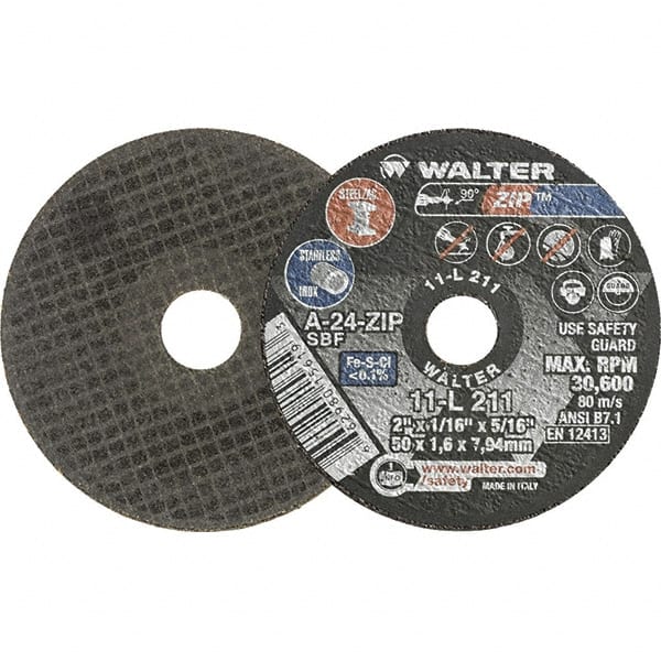 WALTER Surface Technologies - 2" 24 Grit Aluminum Oxide Cutoff Wheel - 1/16" Thick, 5/16" Arbor, 31,000 Max RPM, Use with Die Grinders - Exact Tooling