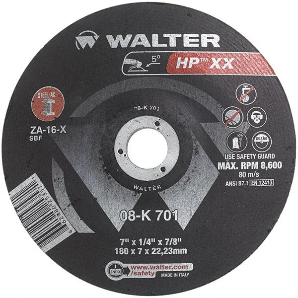WALTER Surface Technologies - 16 Grit, 7" Wheel Diam, 1/4" Wheel Thickness, 7/8" Arbor Hole, Type 28 Depressed Center Wheel - Aluminum Oxide, Resinoid Bond, 8,600 Max RPM - Exact Tooling
