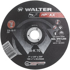WALTER Surface Technologies - 16 Grit, 7" Wheel Diam, 1/4" Wheel Thickness, 7/8" Arbor Hole, Type 28 Depressed Center Wheel - Aluminum Oxide, Resinoid Bond, 8,600 Max RPM - Exact Tooling