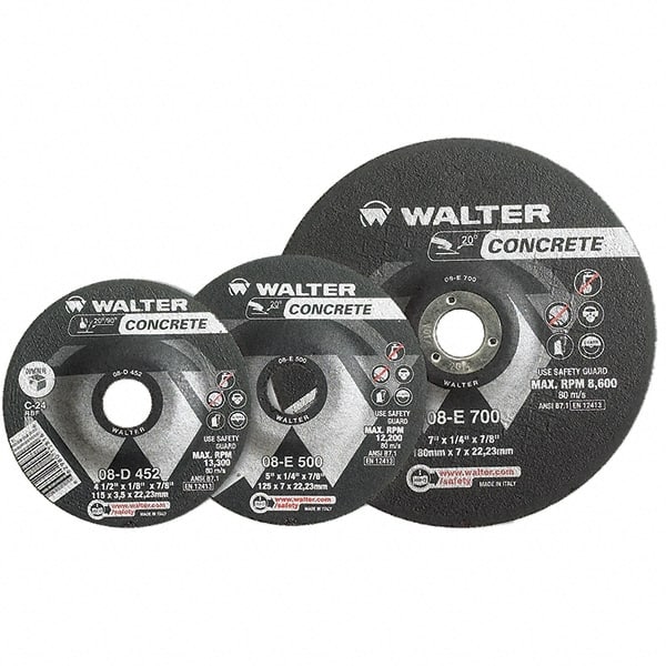 WALTER Surface Technologies - 24 Grit, 7" Wheel Diam, 1/4" Wheel Thickness, 7/8" Arbor Hole, Type 27 Depressed Center Wheel - Aluminum Oxide, Resinoid Bond, 8,600 Max RPM - Exact Tooling