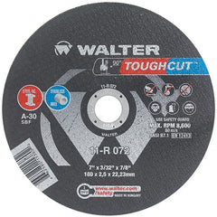 WALTER Surface Technologies - 7" 30 Grit Aluminum Oxide Cutoff Wheel - 3/32" Thick, 7/8" Arbor, 8,600 Max RPM, Use with Angle Grinders - Exact Tooling