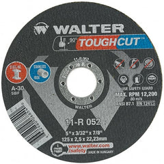 WALTER Surface Technologies - 5" 30 Grit Aluminum Oxide Cutoff Wheel - 3/32" Thick, 7/8" Arbor, 12,200 Max RPM, Use with Angle Grinders - Exact Tooling