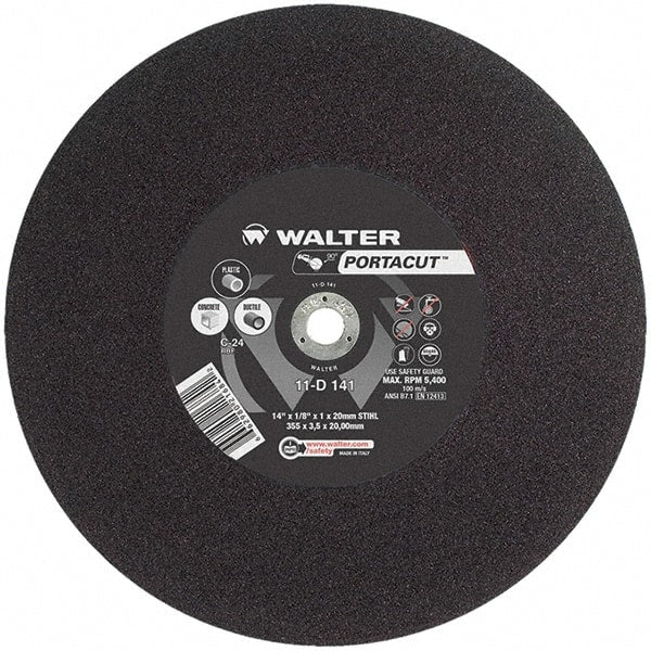 WALTER Surface Technologies - 14" 24 Grit Aluminum Oxide Cutoff Wheel - 1/8" Thick, 20mm Arbor, 5,400 Max RPM, Use with Electric & Gas Powered Saws - Exact Tooling