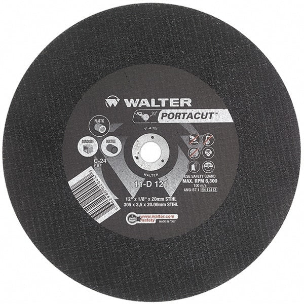 WALTER Surface Technologies - 12" 24 Grit Aluminum Oxide Cutoff Wheel - 1/8" Thick, 20mm Arbor, 6,300 Max RPM, Use with Electric & Gas Powered Saws - Exact Tooling