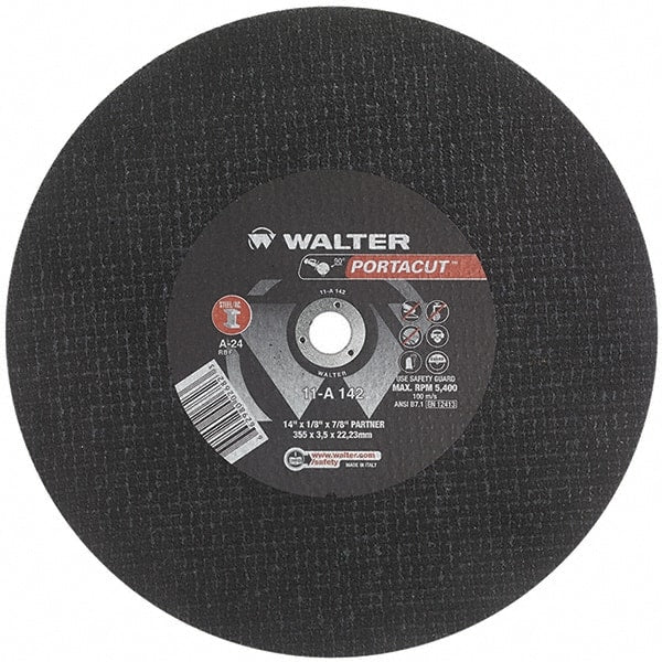 WALTER Surface Technologies - 14" 24 Grit Aluminum Oxide Cutoff Wheel - 1/8" Thick, 7/8" Arbor, 5,400 Max RPM, Use with Electric & Gas Powered Saws - Exact Tooling