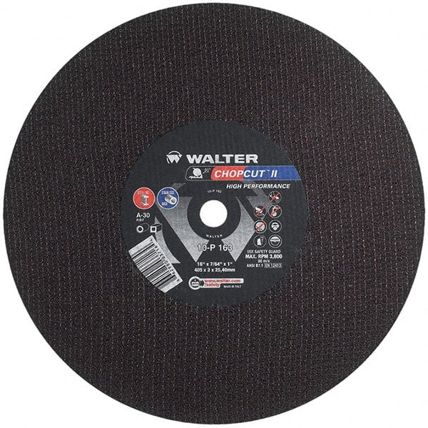 WALTER Surface Technologies - 16" 30 Grit Aluminum Oxide Cutoff Wheel - 7/64" Thick, 1" Arbor, 3,800 Max RPM, Use with Chop Saws - Exact Tooling