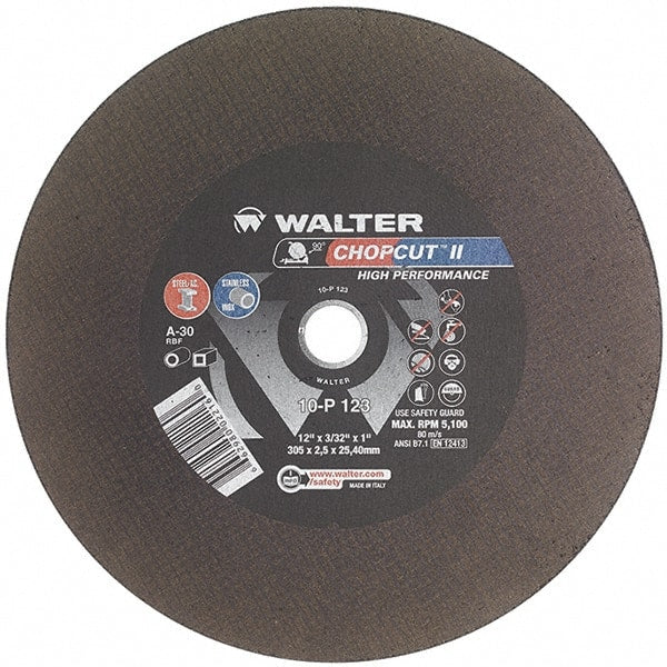 WALTER Surface Technologies - 12" 30 Grit Aluminum Oxide Cutoff Wheel - 3/32" Thick, 1" Arbor, 5,100 Max RPM, Use with Chop Saws - Exact Tooling