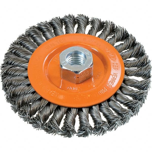 WALTER Surface Technologies - 5" OD, 5/8-11 Arbor Hole, Knotted Steel Wheel Brush - 3/8" Face Width, 0.02" Filament Diam, 15,000 RPM - Exact Tooling