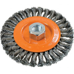 WALTER Surface Technologies - 5" OD, 5/8-11 Arbor Hole, Knotted Steel Wheel Brush - 3/8" Face Width, 0.02" Filament Diam, 15,000 RPM - Exact Tooling
