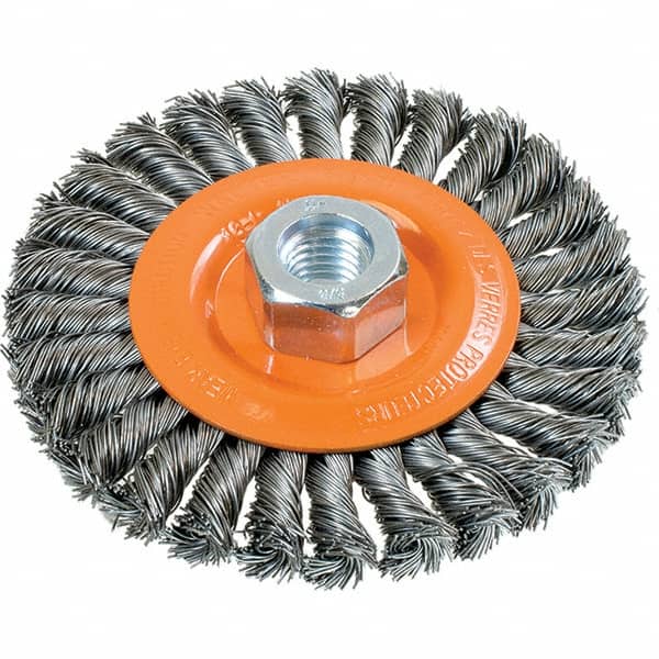 WALTER Surface Technologies - 4-1/2" OD, 5/8-11 Arbor Hole, Knotted Steel Wheel Brush - 3/8" Face Width, 0.02" Filament Diam, 15,000 RPM - Exact Tooling