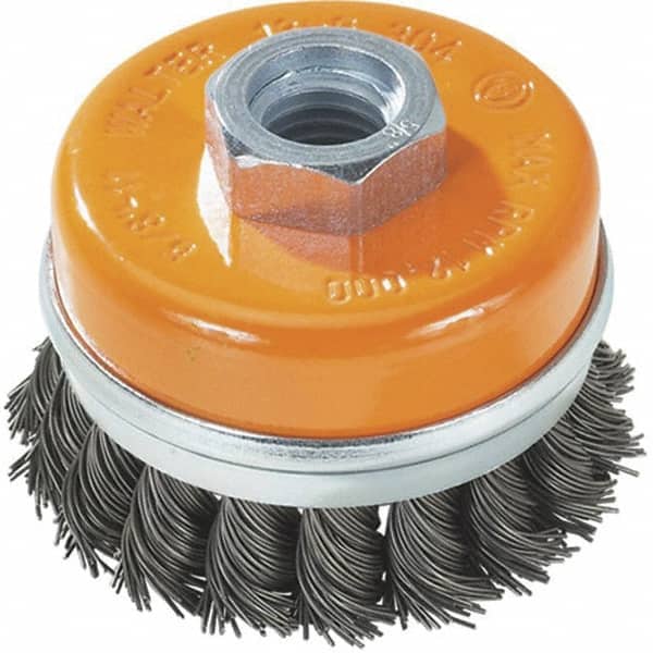 WALTER Surface Technologies - 3" Diam, M14x2.00 Threaded Arbor, Steel Fill Cup Brush - 0.02 Wire Diam, 12,000 Max RPM - Exact Tooling