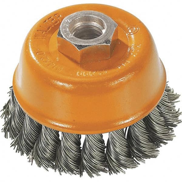 WALTER Surface Technologies - 3" Diam, M10x1.50 Threaded Arbor, Steel Fill Cup Brush - 0.015 Wire Diam, 12,000 Max RPM - Exact Tooling