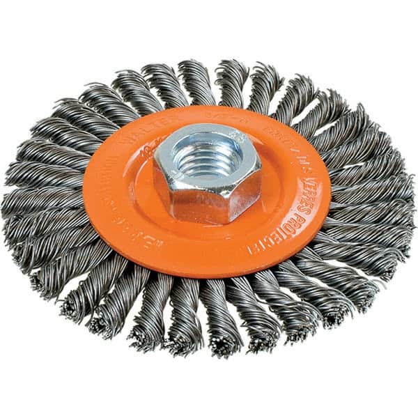 WALTER Surface Technologies - 4" OD, 5/8-11 Arbor Hole, Stringer Bead Steel Wheel Brush - 3/16" Face Width, 0.02" Filament Diam, 20,000 RPM - Exact Tooling