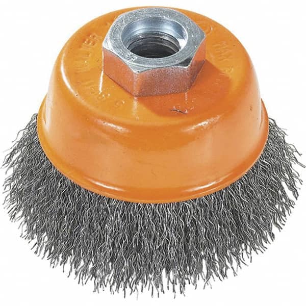 WALTER Surface Technologies - 5" Diam, 5/8-11 Threaded Arbor, Steel Fill Cup Brush - 0.02 Wire Diam, 8,600 Max RPM - Exact Tooling