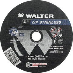 WALTER Surface Technologies - 7" 46 Grit Aluminum Oxide/Silicon Carbide Blend Cutoff Wheel - 1/16" Thick, 7/8" Arbor, 8,600 Max RPM, Use with Angle Grinders - Exact Tooling