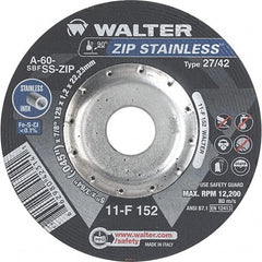 WALTER Surface Technologies - 60 Grit, 5" Wheel Diam, 3/64" Wheel Thickness, 7/8" Arbor Hole, Type 27 Depressed Center Wheel - Aluminum Oxide/Silicon Carbide Blend, Resinoid Bond, 12,200 Max RPM - Exact Tooling
