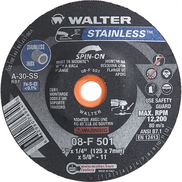 WALTER Surface Technologies - 30 Grit, 5" Wheel Diam, 1/4" Wheel Thickness, Type 28 Depressed Center Wheel - Aluminum Oxide, Resinoid Bond, 12,200 Max RPM - Exact Tooling