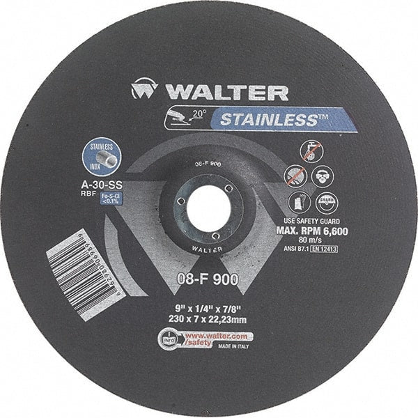 WALTER Surface Technologies - 30 Grit, 9" Wheel Diam, 1/4" Wheel Thickness, 7/8" Arbor Hole, Type 27 Depressed Center Wheel - Aluminum Oxide, Resinoid Bond, 6,600 Max RPM - Exact Tooling