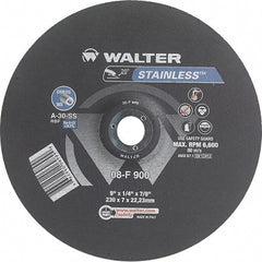 WALTER Surface Technologies - 30 Grit, 9" Wheel Diam, 1/4" Wheel Thickness, 7/8" Arbor Hole, Type 27 Depressed Center Wheel - Aluminum Oxide, Resinoid Bond, 6,600 Max RPM - Exact Tooling