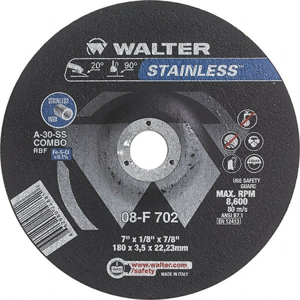 WALTER Surface Technologies - 30 Grit, 7" Wheel Diam, 1/8" Wheel Thickness, 7/8" Arbor Hole, Type 27 Depressed Center Wheel - Aluminum Oxide, Resinoid Bond, 8,600 Max RPM - Exact Tooling