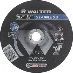 WALTER Surface Technologies - 30 Grit, 7" Wheel Diam, 1/8" Wheel Thickness, 7/8" Arbor Hole, Type 27 Depressed Center Wheel - Aluminum Oxide, Resinoid Bond, 8,600 Max RPM - Exact Tooling