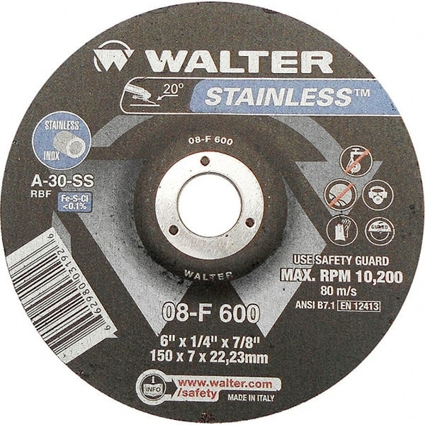 WALTER Surface Technologies - 30 Grit, 6" Wheel Diam, 1/4" Wheel Thickness, 7/8" Arbor Hole, Type 27 Depressed Center Wheel - Aluminum Oxide, Resinoid Bond, 10,200 Max RPM - Exact Tooling