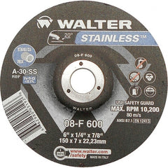 WALTER Surface Technologies - 30 Grit, 6" Wheel Diam, 1/4" Wheel Thickness, 7/8" Arbor Hole, Type 27 Depressed Center Wheel - Aluminum Oxide, Resinoid Bond, 10,200 Max RPM - Exact Tooling