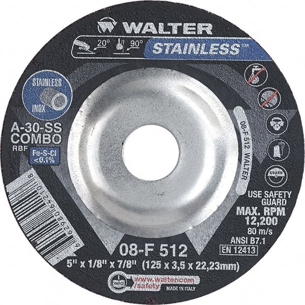 WALTER Surface Technologies - 30 Grit, 5" Wheel Diam, 1/8" Wheel Thickness, 7/8" Arbor Hole, Type 27 Depressed Center Wheel - Aluminum Oxide, Resinoid Bond, 12,200 Max RPM - Exact Tooling
