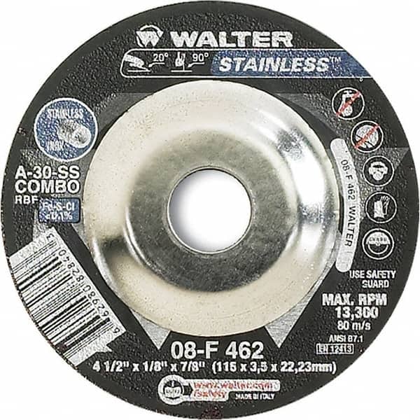 WALTER Surface Technologies - 30 Grit, 4-1/2" Wheel Diam, 1/8" Wheel Thickness, 7/8" Arbor Hole, Type 27 Depressed Center Wheel - Aluminum Oxide, Resinoid Bond, 13,300 Max RPM - Exact Tooling