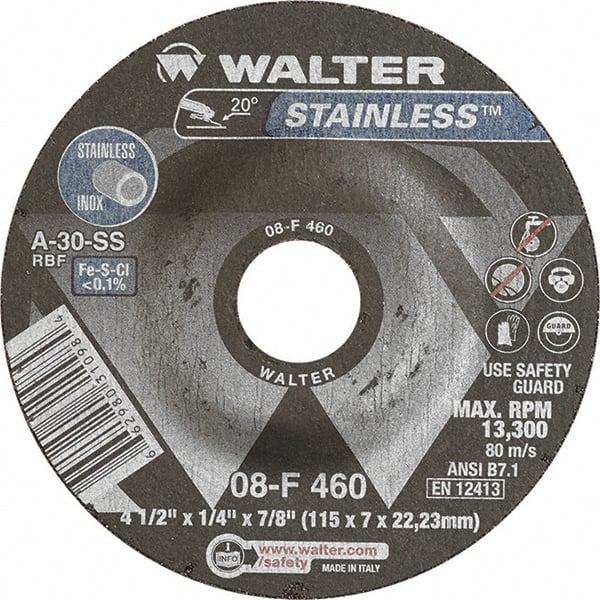 WALTER Surface Technologies - 30 Grit, 4-1/2" Wheel Diam, 1/4" Wheel Thickness, 7/8" Arbor Hole, Type 27 Depressed Center Wheel - Aluminum Oxide, Resinoid Bond, 13,300 Max RPM - Exact Tooling