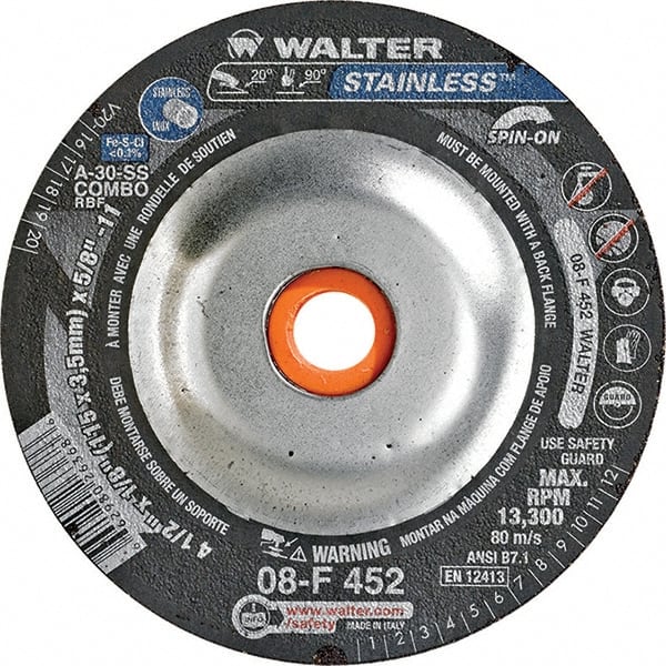 WALTER Surface Technologies - 30 Grit, 4-1/2" Wheel Diam, 1/8" Wheel Thickness, Type 27 Depressed Center Wheel - Aluminum Oxide, Resinoid Bond, 13,300 Max RPM - Exact Tooling
