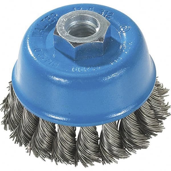 WALTER Surface Technologies - 3" Diam, M14x2.00 Threaded Arbor, Stainless Steel Fill Cup Brush - 0.015 Wire Diam, 12,000 Max RPM - Exact Tooling
