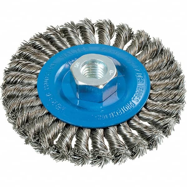 WALTER Surface Technologies - 4-1/2" OD, 5/8-11 Arbor Hole, Knotted Stainless Steel Wheel Brush - 3/8" Face Width, 0.02" Filament Diam, 15,000 RPM - Exact Tooling