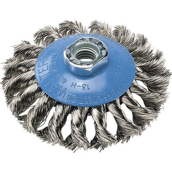 WALTER Surface Technologies - 7" Diam, 5/8-11 Threaded Arbor, Stainless Steel Fill Cup Brush - 0.02 Wire Diam, 10,000 Max RPM - Exact Tooling