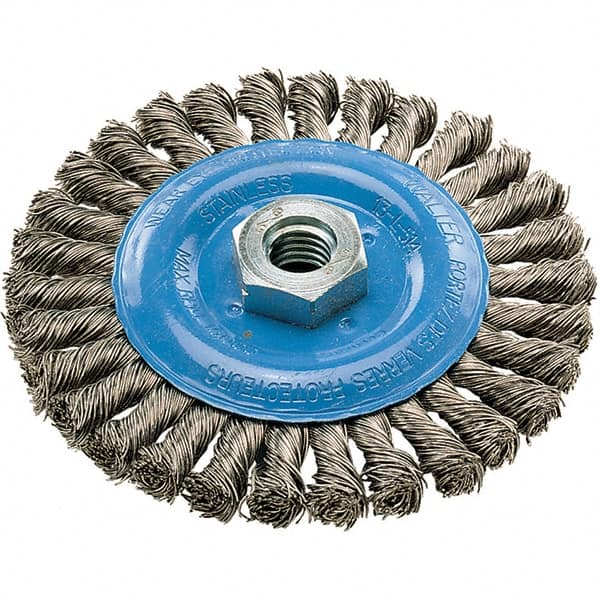 WALTER Surface Technologies - 5" OD, 5/8-11 Arbor Hole, Knotted Stainless Steel Wheel Brush - 3/8" Face Width, 0.02" Filament Diam, 15,000 RPM - Exact Tooling