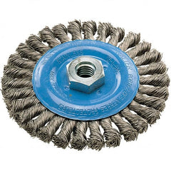 WALTER Surface Technologies - 5" OD, 5/8-11 Arbor Hole, Knotted Stainless Steel Wheel Brush - 3/8" Face Width, 0.02" Filament Diam, 15,000 RPM - Exact Tooling