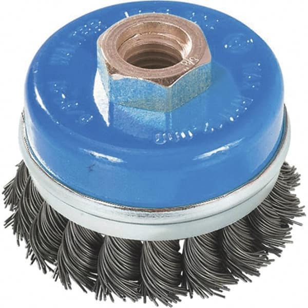 WALTER Surface Technologies - 3" Diam, M14x2.00 Threaded Arbor, Stainless Steel Fill Cup Brush - 0.02 Wire Diam, 12,000 Max RPM - Exact Tooling