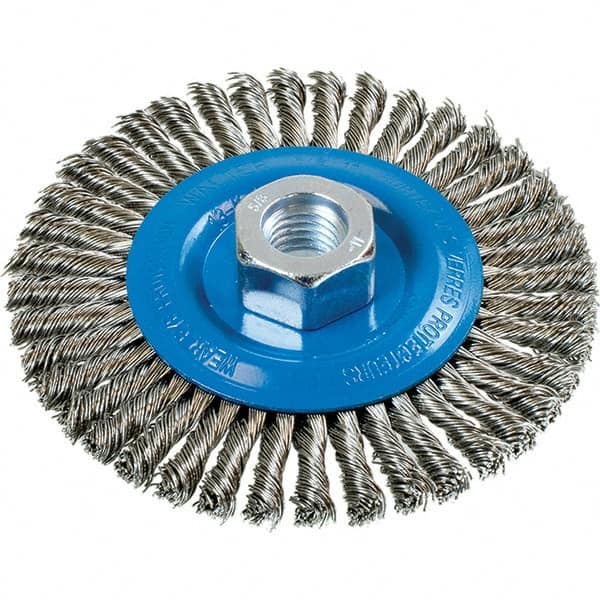 WALTER Surface Technologies - 4-1/2" OD, 5/8-11 Arbor Hole, Stringer Bead Stainless Steel Wheel Brush - 3/16" Face Width, 0.02" Filament Diam, 15,000 RPM - Exact Tooling