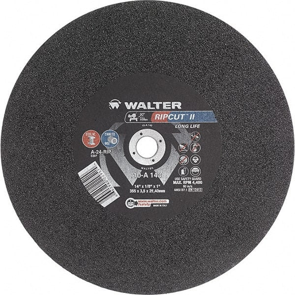 WALTER Surface Technologies - 14" 24 Grit Aluminum Oxide Cutoff Wheel - 1/8" Thick, 1" Arbor, 4,400 Max RPM, Use with Stationary Tools - Exact Tooling