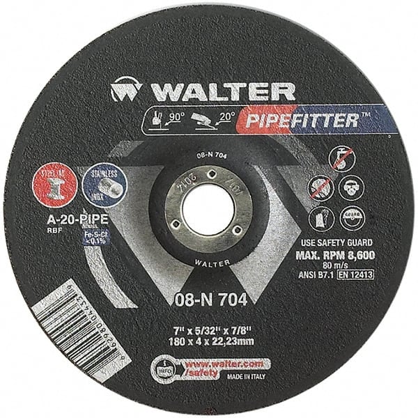 WALTER Surface Technologies - 20 Grit, 7" Wheel Diam, 5/32" Wheel Thickness, 7/8" Arbor Hole, Type 27 Depressed Center Wheel - Aluminum Oxide/Silicon Carbide Blend, Resinoid Bond, 8,600 Max RPM - Exact Tooling