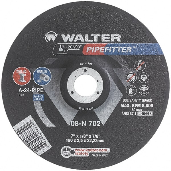 WALTER Surface Technologies - 24 Grit, 7" Wheel Diam, 1/8" Wheel Thickness, 7/8" Arbor Hole, Type 27 Depressed Center Wheel - Aluminum Oxide/Silicon Carbide Blend, Resinoid Bond, 8,600 Max RPM, Compatible with Angle Grinder - Exact Tooling