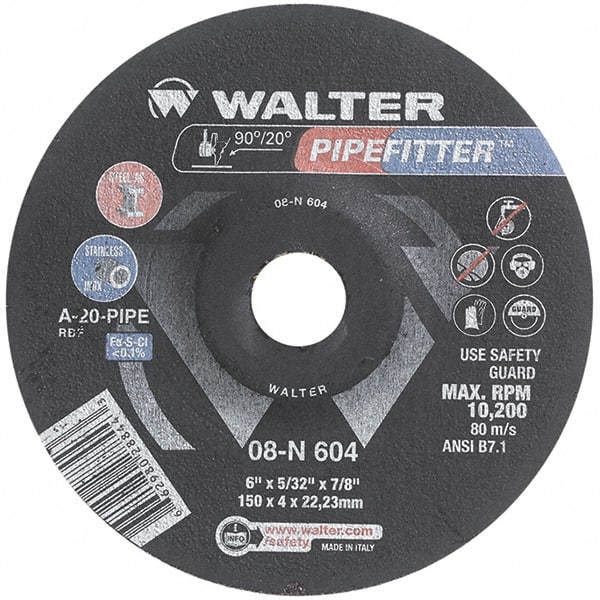 WALTER Surface Technologies - 20 Grit, 6" Wheel Diam, 5/32" Wheel Thickness, 7/8" Arbor Hole, Type 27 Depressed Center Wheel - Aluminum Oxide/Silicon Carbide Blend, Resinoid Bond, 10,200 Max RPM - Exact Tooling