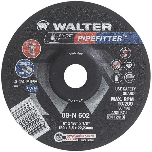 WALTER Surface Technologies - 24 Grit, 6" Wheel Diam, 1/8" Wheel Thickness, 7/8" Arbor Hole, Type 27 Depressed Center Wheel - Aluminum Oxide/Silicon Carbide Blend, Resinoid Bond, 10,200 Max RPM, Compatible with Angle Grinder - Exact Tooling
