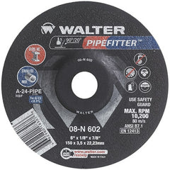 WALTER Surface Technologies - 24 Grit, 6" Wheel Diam, 1/8" Wheel Thickness, 7/8" Arbor Hole, Type 27 Depressed Center Wheel - Aluminum Oxide/Silicon Carbide Blend, Resinoid Bond, 10,200 Max RPM, Compatible with Angle Grinder - Exact Tooling
