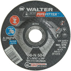 WALTER Surface Technologies - 36 Grit, 5" Wheel Diam, 5/32" Wheel Thickness, 7/8" Arbor Hole, Type 27 Depressed Center Wheel - Aluminum Oxide/Silicon Carbide Blend, Resinoid Bond, 12,200 Max RPM - Exact Tooling