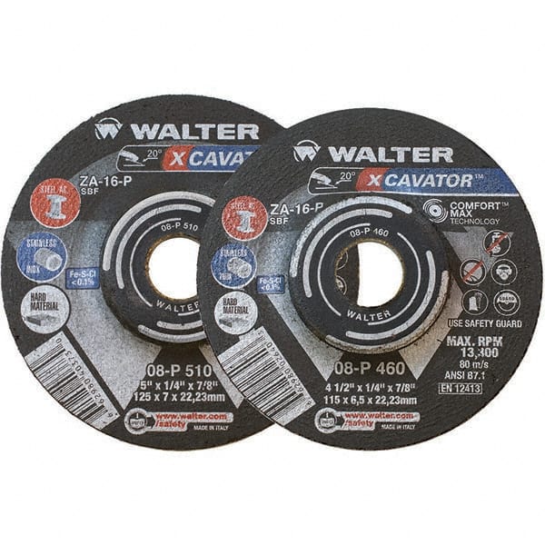 WALTER Surface Technologies - 16 Grit, 9" Wheel Diam, 1/4" Wheel Thickness, 7/8" Arbor Hole, Type 27 Depressed Center Wheel - Aluminum Oxide, Resinoid Bond, 6,600 Max RPM - Exact Tooling